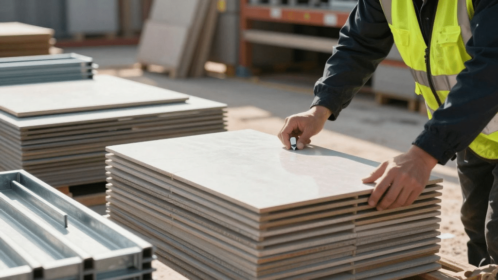 Quality inspector checking stacked tile surfaces before building materials are packed for shipment