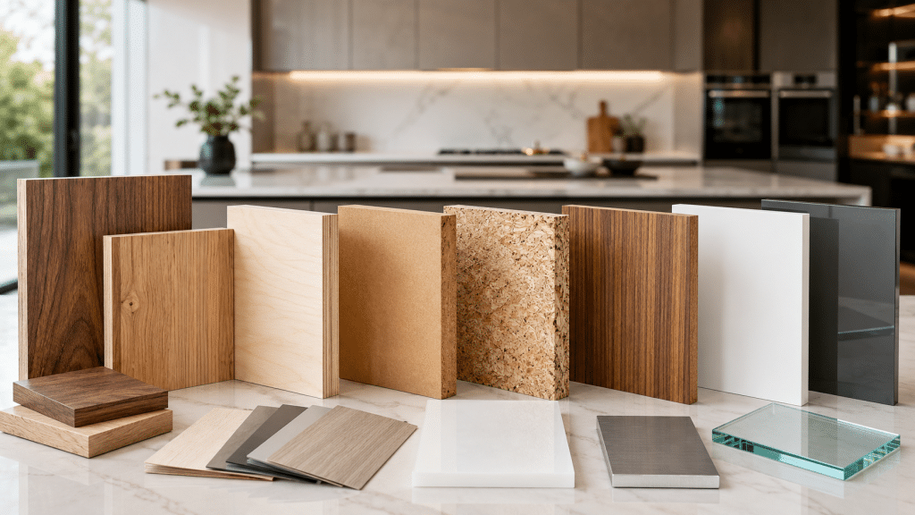 Cabinet material samples including solid wood, plywood, MDF, particleboard, laminate, acrylic, metal and glass