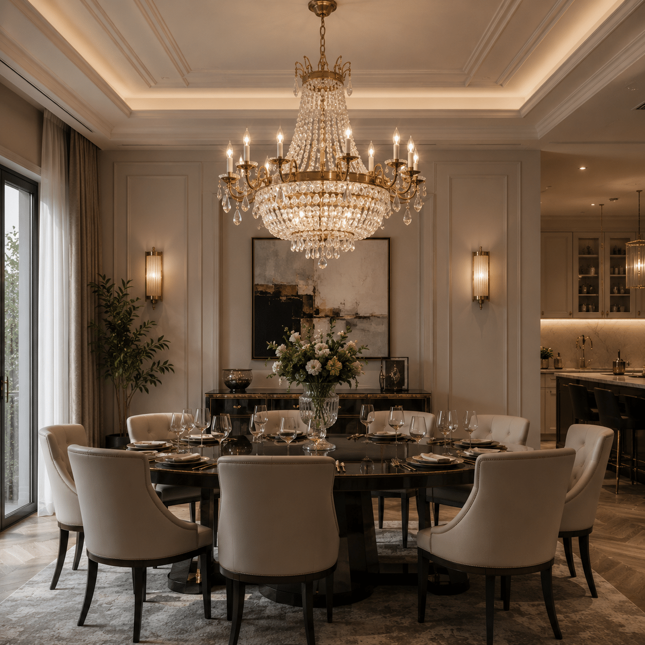 Classic transitional chandelier installed in an elegant luxury dining space.