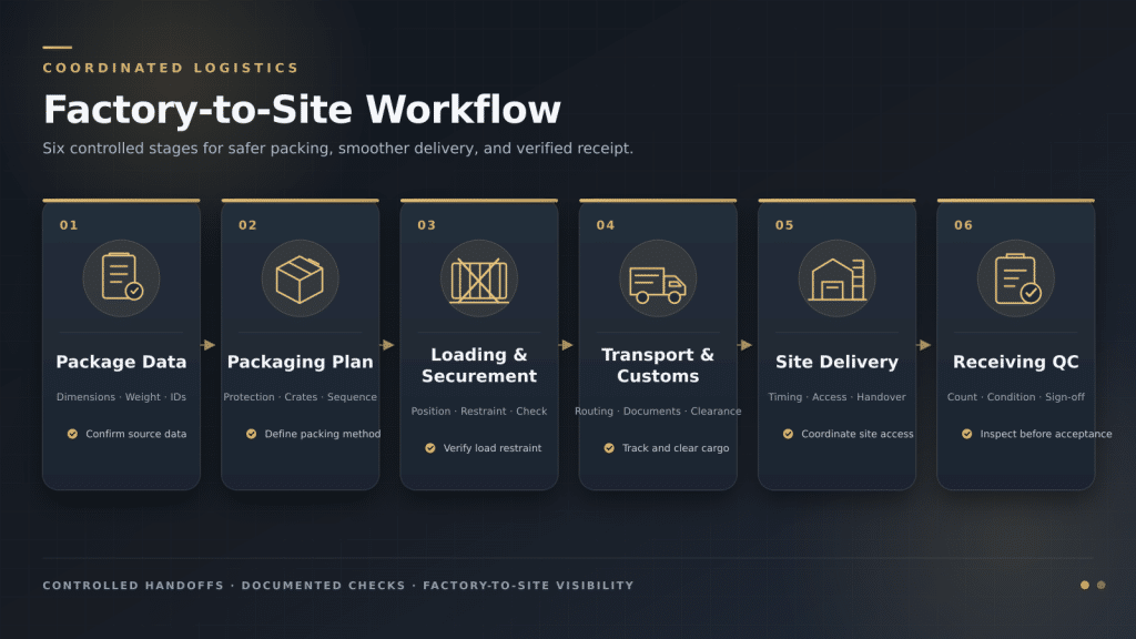 Construction material transportation workflow from packing plan to site receiving