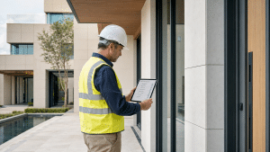 Site engineer using a construction quality control checklist during a building inspection