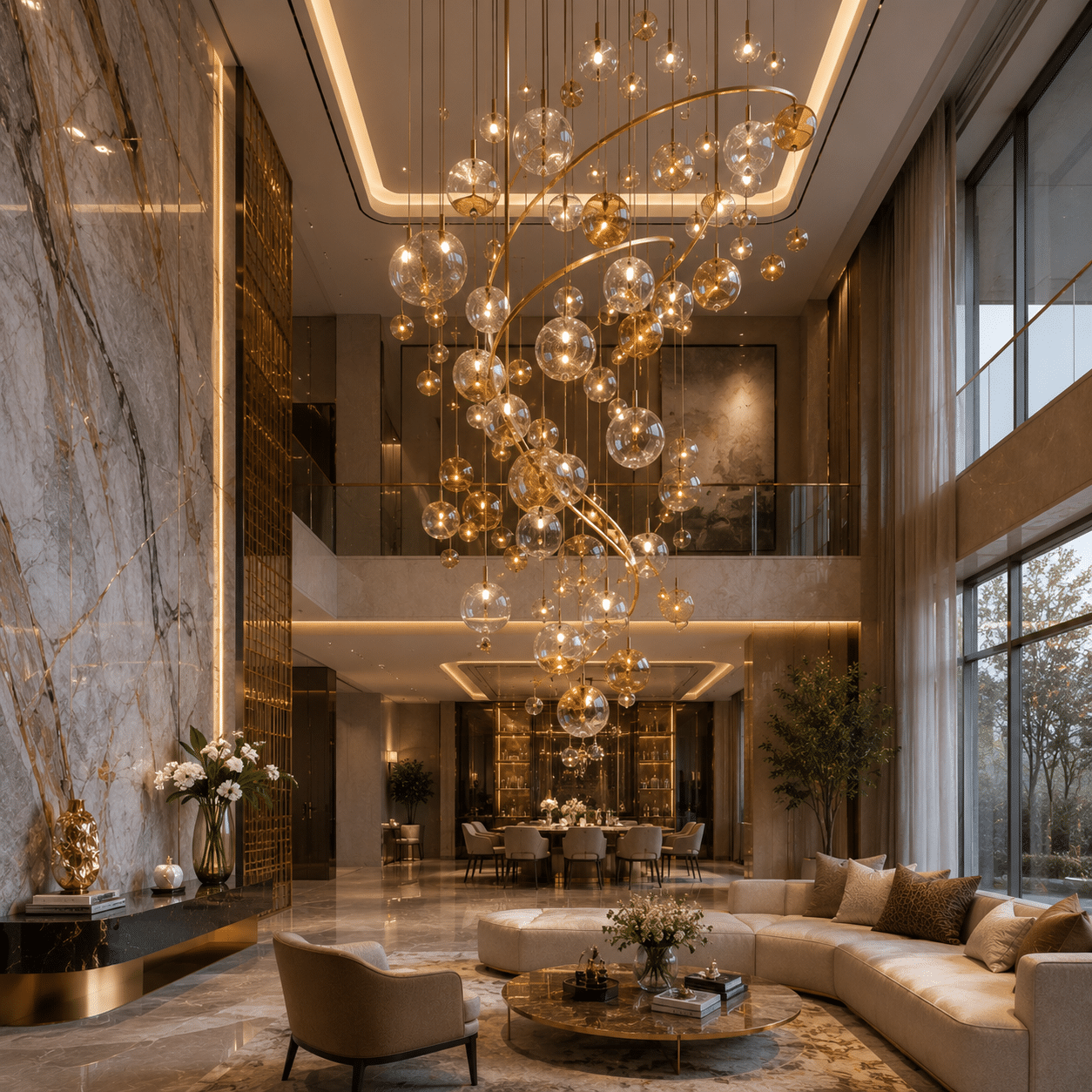 Contemporary decorative chandelier creating a luxury focal point in a modern interior.