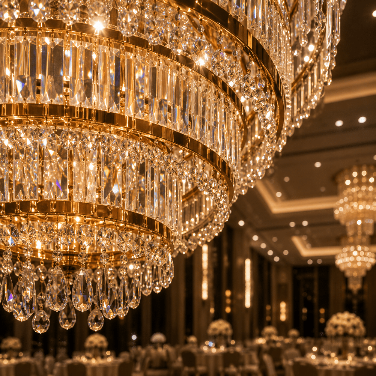 Luxury crystal chandelier with elegant warm lighting for hotel and villa interiors.