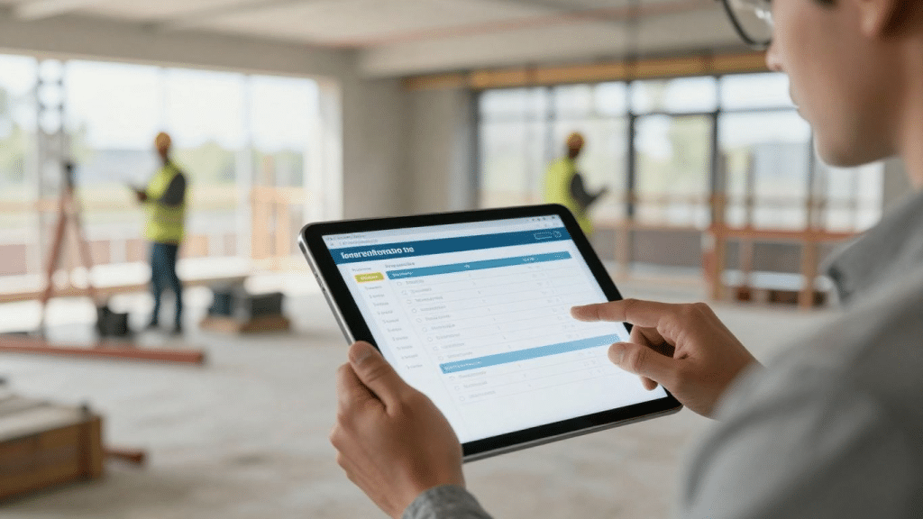Inspector recording construction quality checks and photo evidence on a tablet