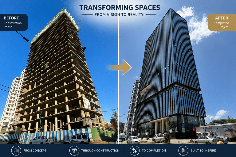 Before and after view of a commercial building curtain wall project in Ethiopia