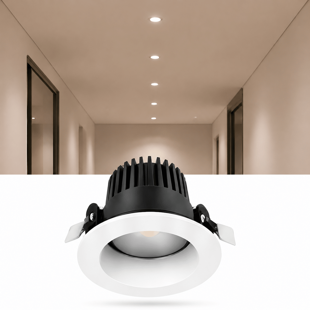 Fixed LED downlights installed in a clean modern ceiling for general lighting.