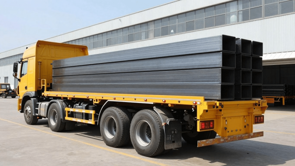Flatbed truck transporting long steel sections for a construction project