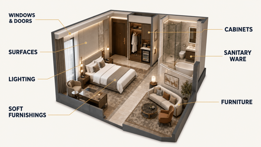 Hotel material scope diagram for windows, surfaces, cabinets, bathrooms, lighting, and furniture