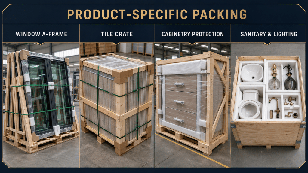 Product-specific packing methods for hotel windows, tiles, cabinetry, sanitary ware, and lighting