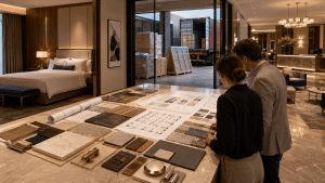 Hotel project team coordinating building material samples, drawings, and delivery planning.