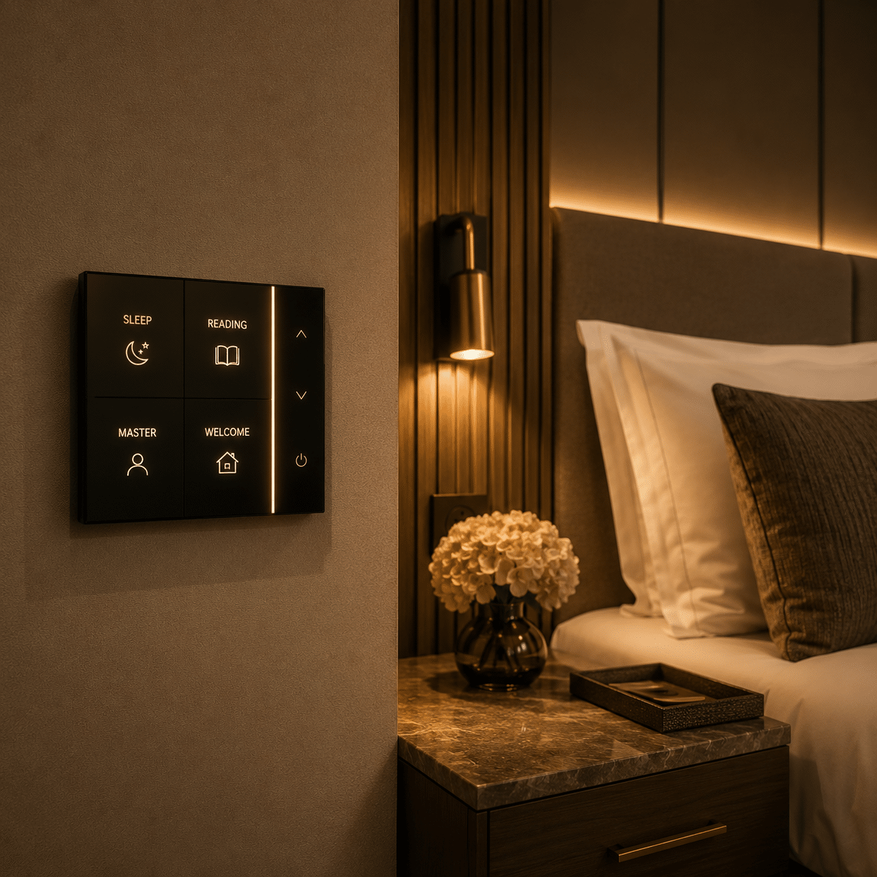 Hotel scene control panel for smart lighting modes in a luxury guest room.