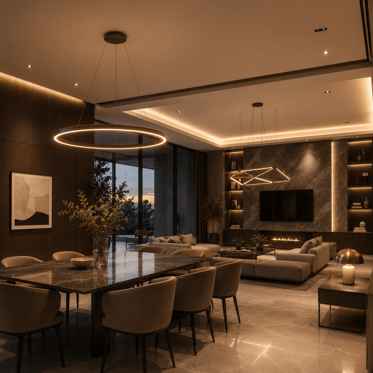 Modern minimalist chandelier installed above a luxury dining table.