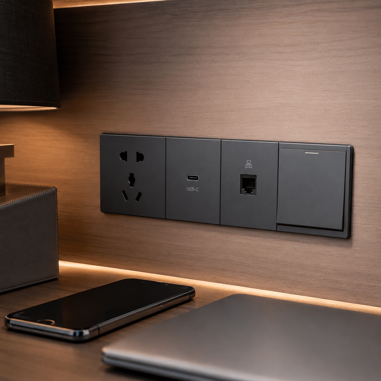 Multi-gang power socket panel with USB charging and data ports for commercial interiors.