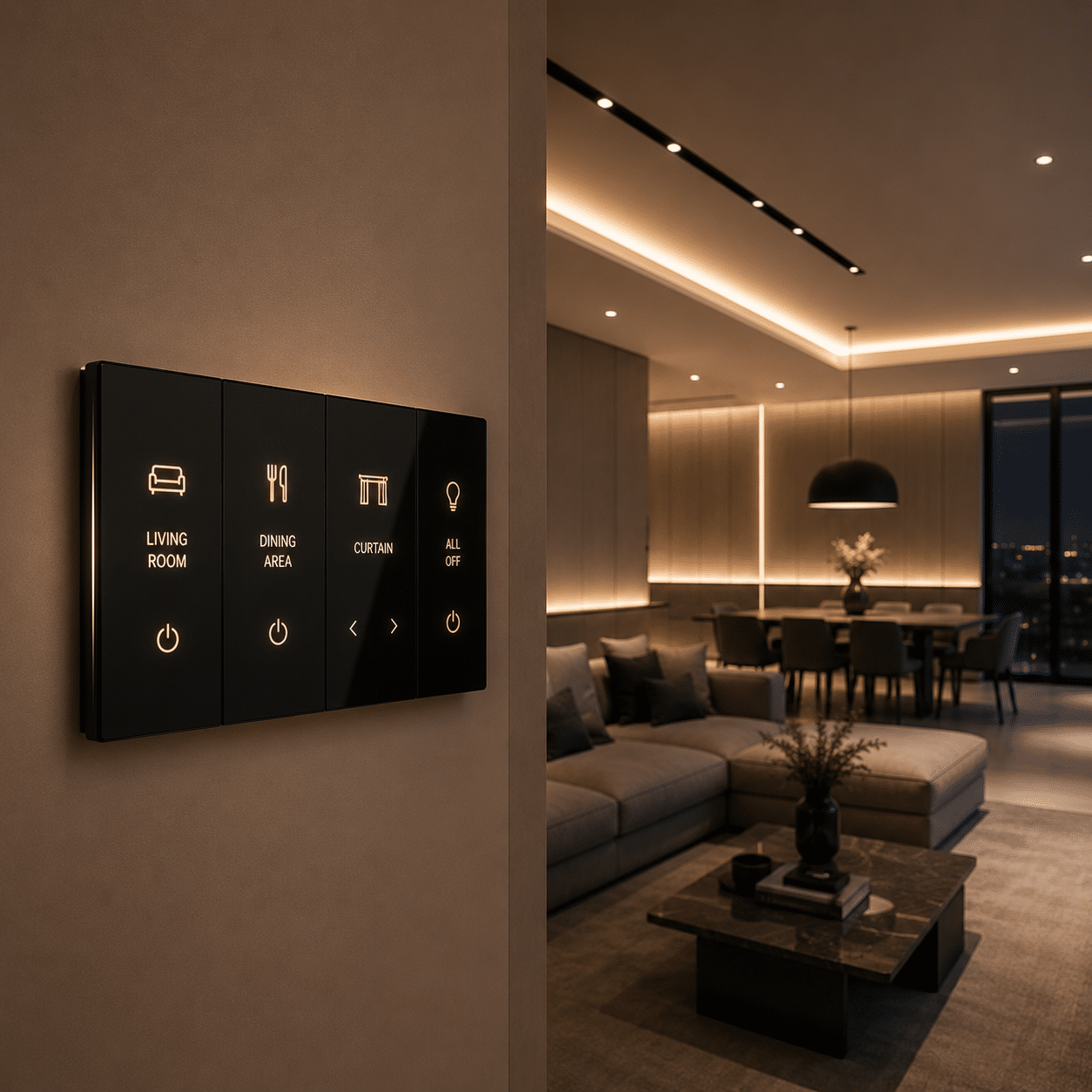Multi-gang smart light switch controlling multiple lighting zones in a modern interior.