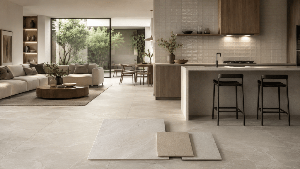 Porcelain tiles vs ceramic tiles shown in floor and wall applications