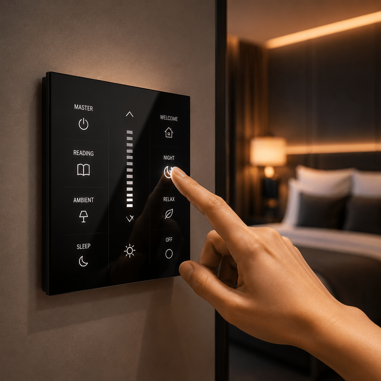 Touch smart switch with glass panel installed on a modern interior wall.