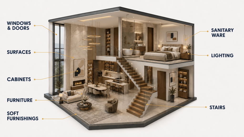 Villa cutaway showing coordinated material categories including windows, doors, surfaces, cabinets, stairs, sanitary ware, lighting, furniture, and soft furnishings