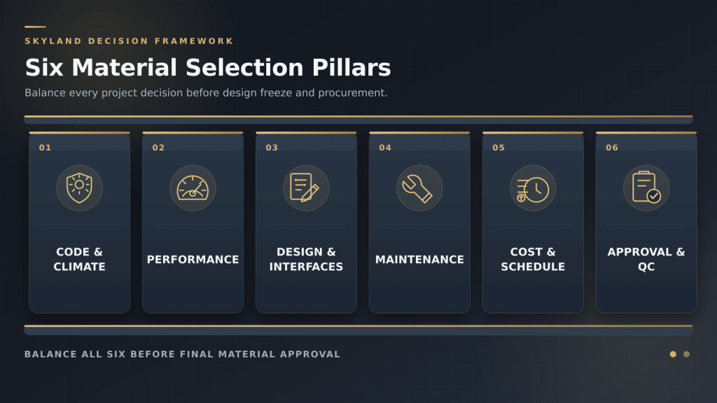 •Six factors for selecting villa building materials: code and climate, performance, interfaces, maintenance, cost and schedule, and quality approval
