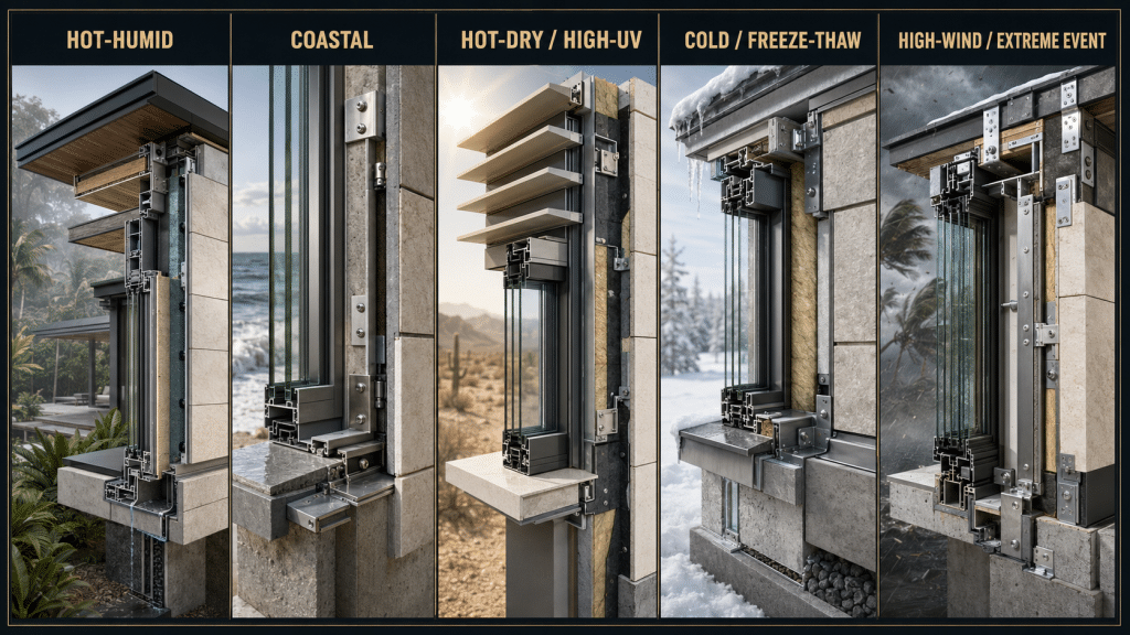 Villa material selection priorities for hot-humid, coastal, hot-dry, cold, and high-wind or extreme-event exposure