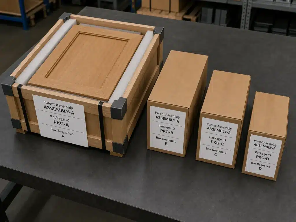 Accessory cartons labeled with their parent building material assembly and package sequence