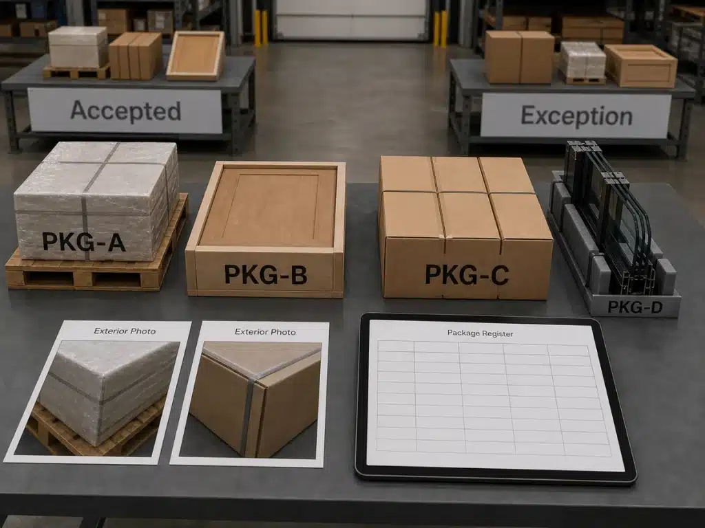Building material packages checked against a packing register during receiving