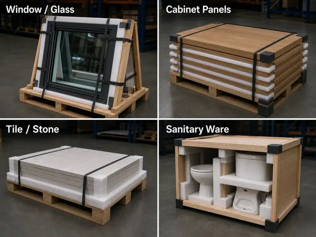 Windows, cabinet panels, stone and sanitary ware protected with different packing methods