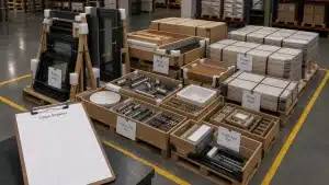 Building materials from multiple suppliers grouped at an origin consolidation warehouse