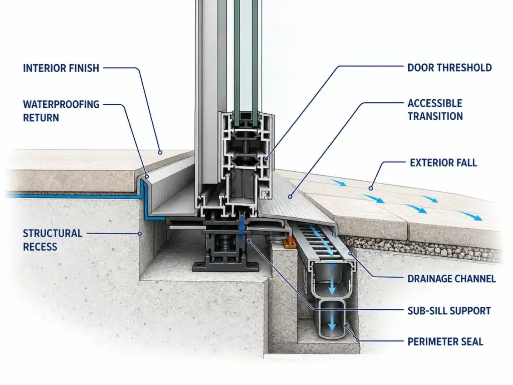 Coordinated door threshold with waterproofing, exterior fall and drainage channel