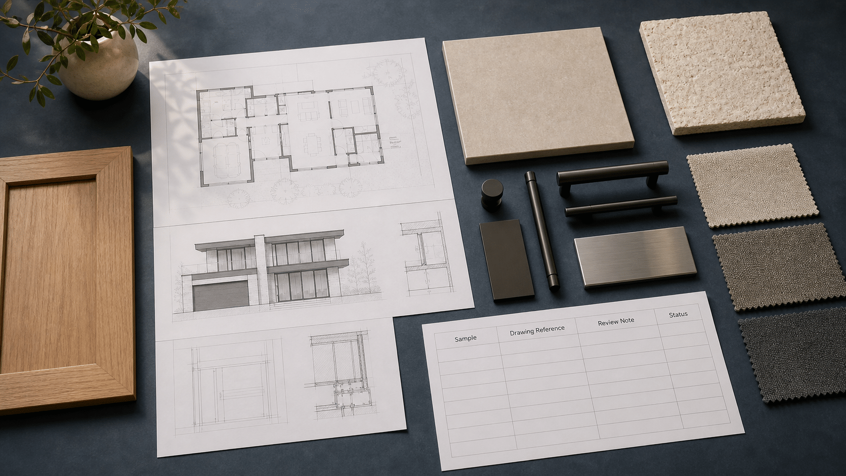 Material samples arranged with drawings and an approval register for a construction project
