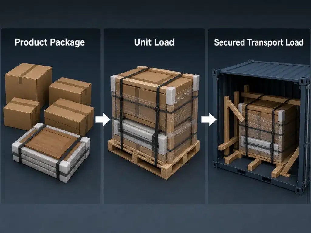 Building material packages unitized and restrained for transport as separate control stages