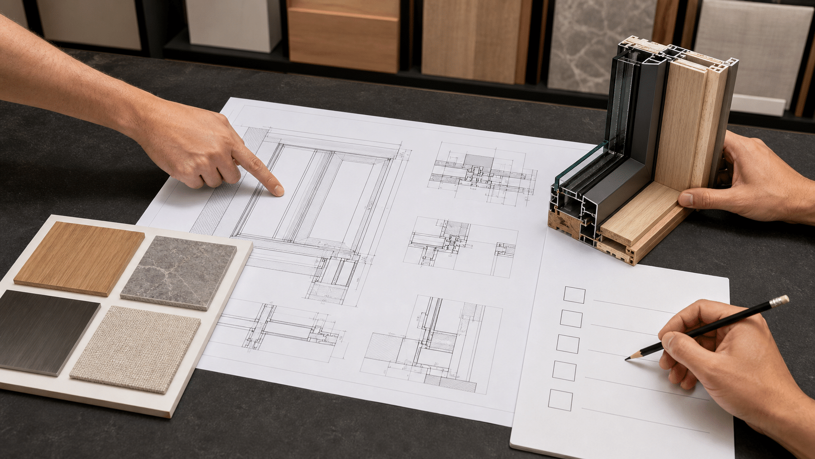 Project team reviewing shop drawings and material samples before approval