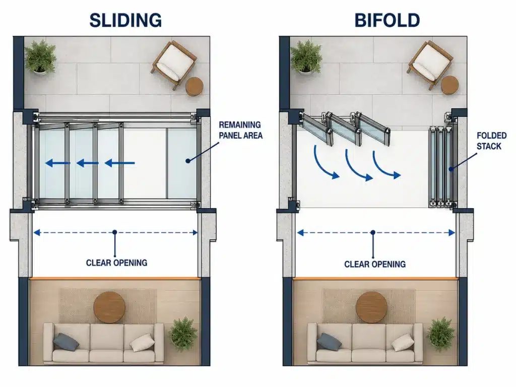 Top-down comparison of sliding panel overlap and bifold door stacking
