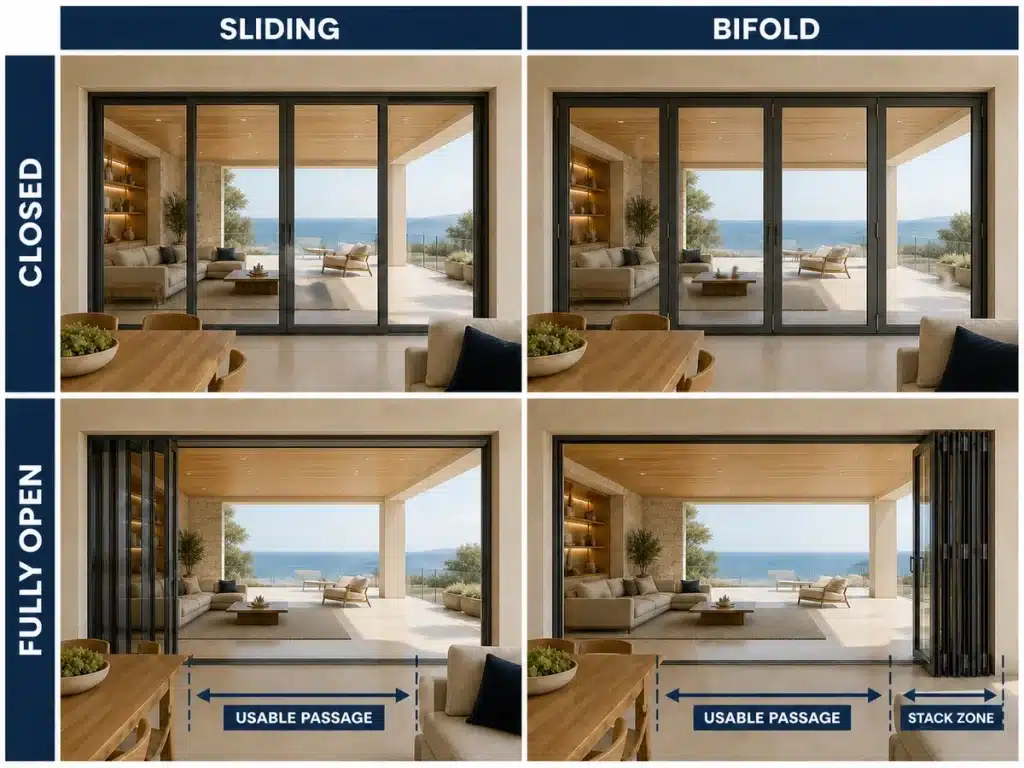 Sliding and bifold doors compared when closed and fully open