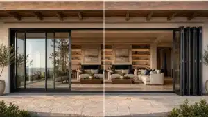 Sliding vs bifold doors connecting a modern living room to a terrace