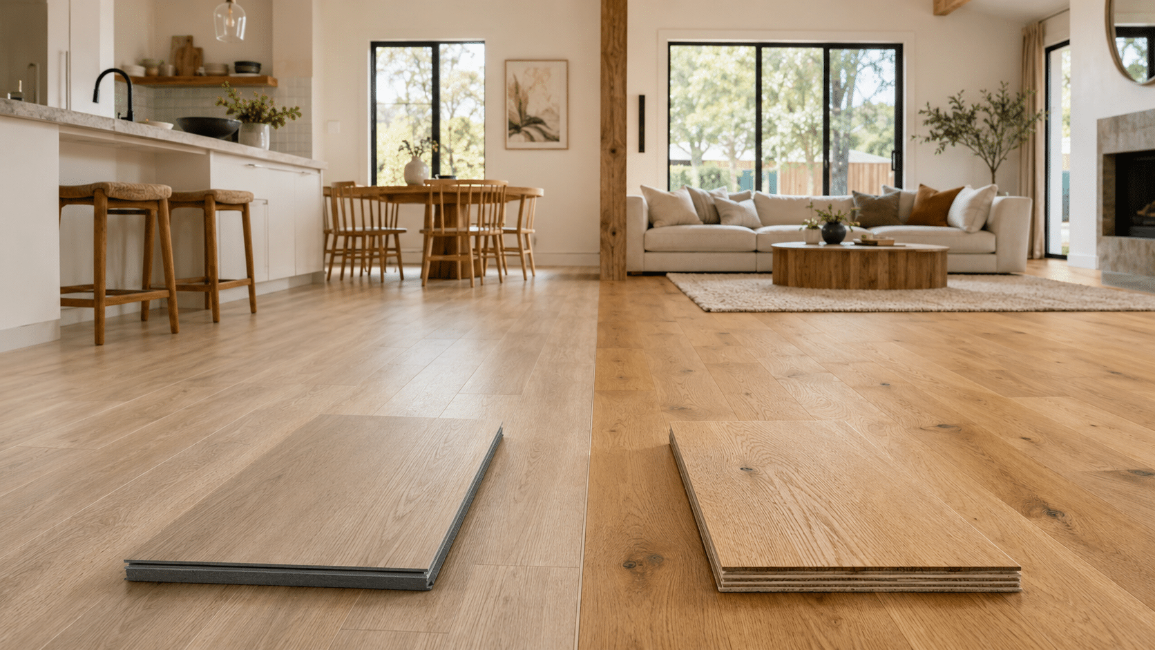 SPC and engineered hardwood flooring compared in a modern residential interior