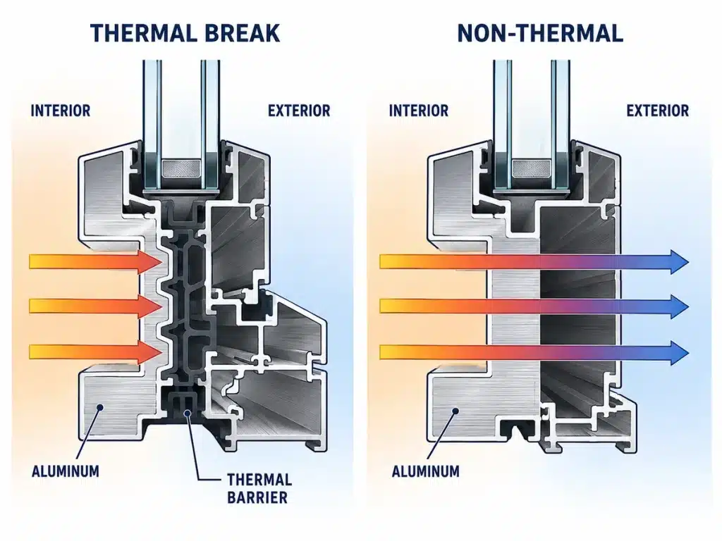 Window frame cross-sections showing interrupted and continuous aluminum heat paths