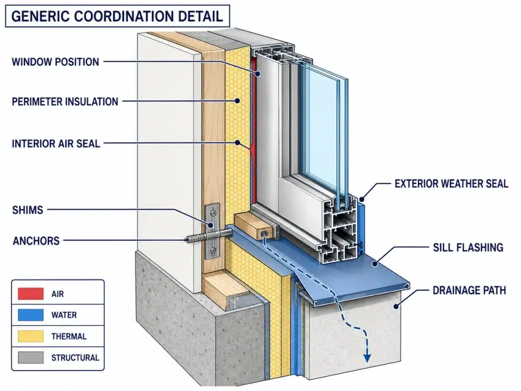 Window perimeter detail coordinating insulation air seal flashing and drainage