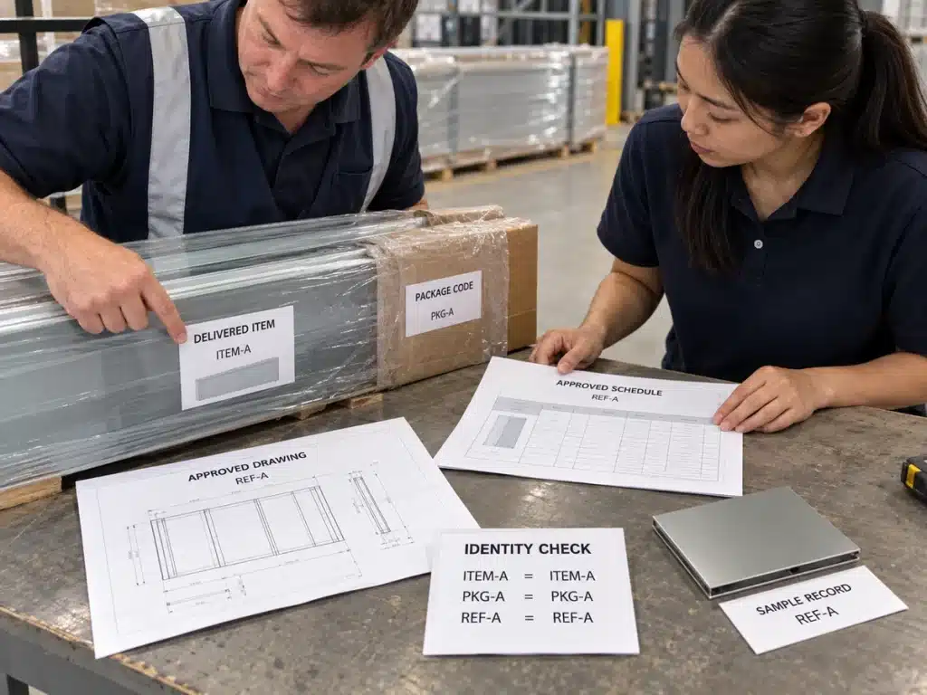 Field verification comparing delivered building materials with the approved technical submittal