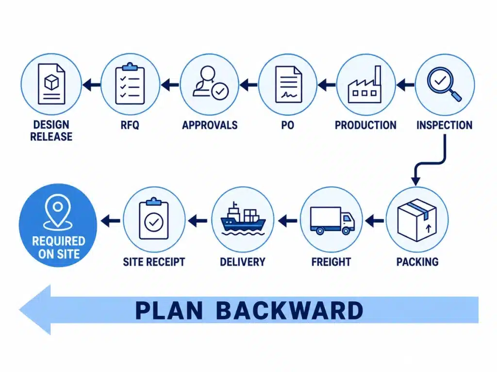 Backward planning from required-on-site date through delivery production and approvals
