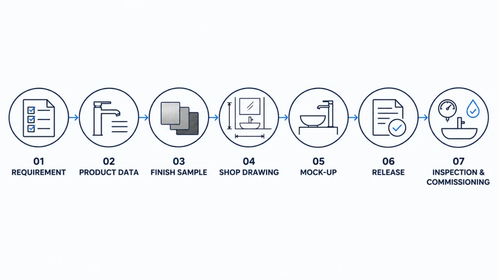 Bathroom fixture approval workflow from specification and samples to commissioning