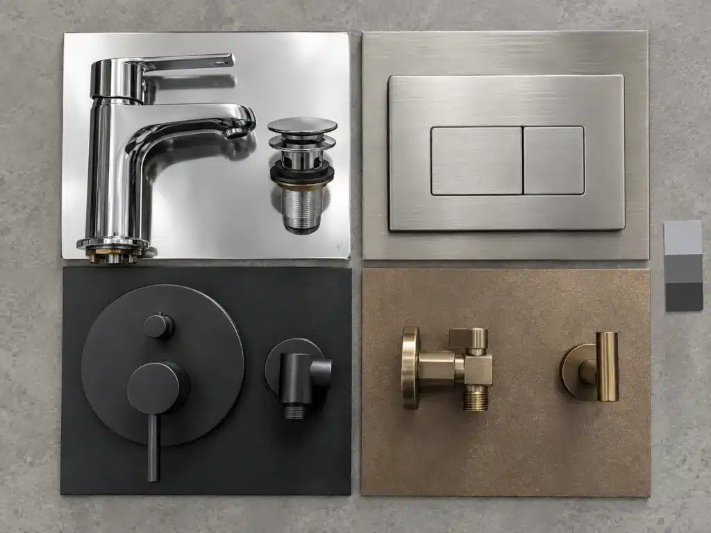 Bathroom fixture finish samples reviewed for color sheen substrate and cleaning exposure
