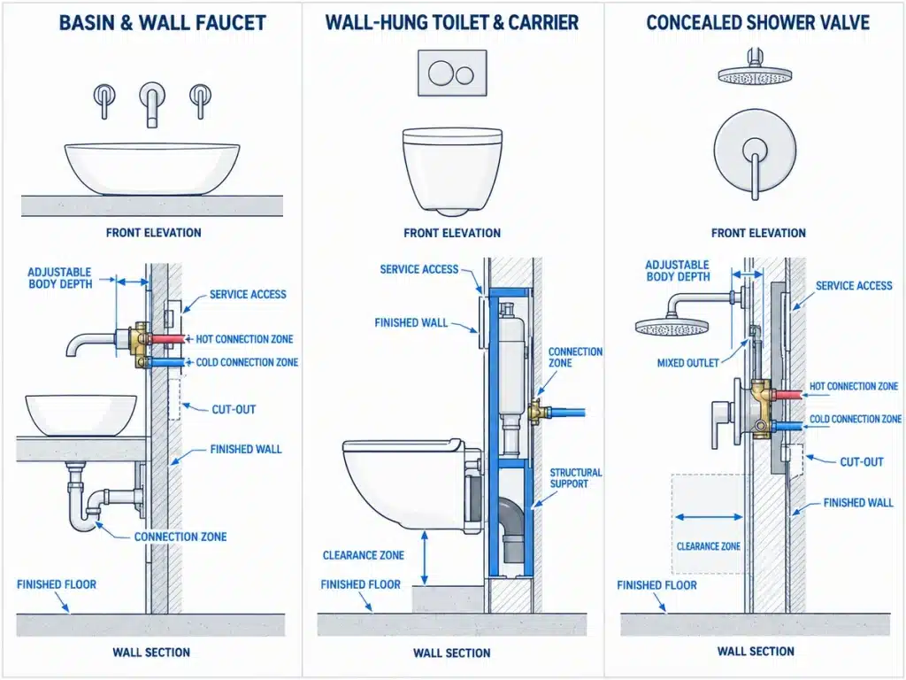 Bathroom fixture rough-in dimensions connections and finished wall interfaces