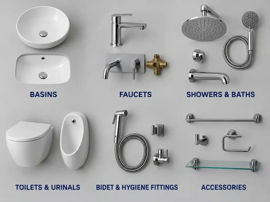 Bathroom fixture types including basins faucets showers toilets and accessories