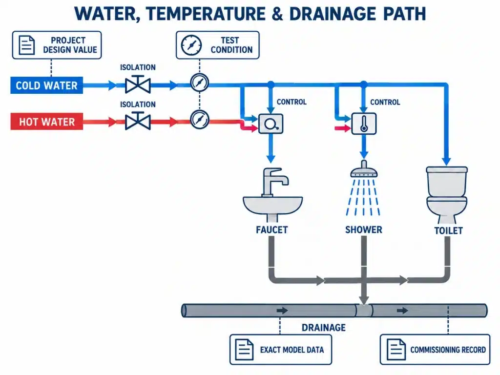 Bathroom fixture water pressure temperature flow and drainage specification points