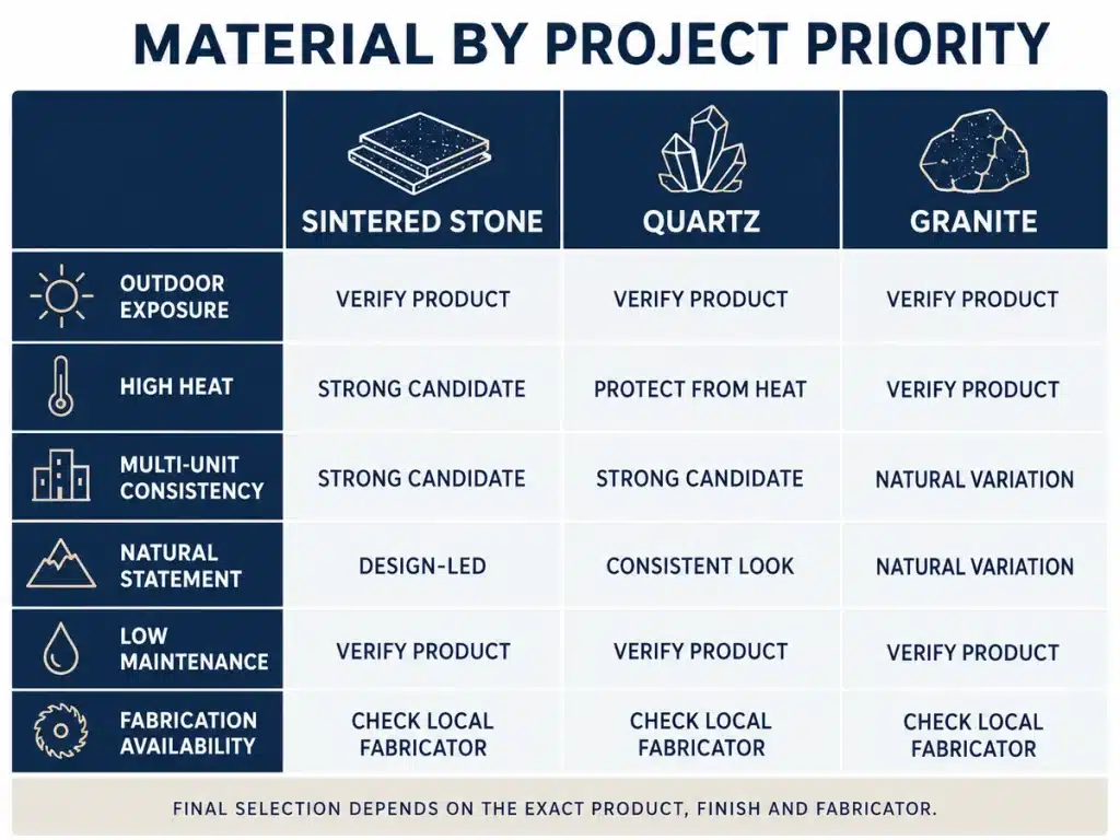 Countertop material selection matrix for outdoor heat design and maintenance priorities