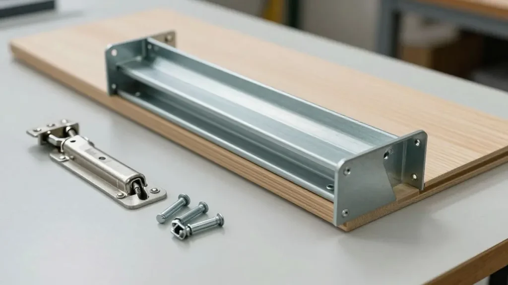 Bifold door track pivot guide and fixing hardware before installation