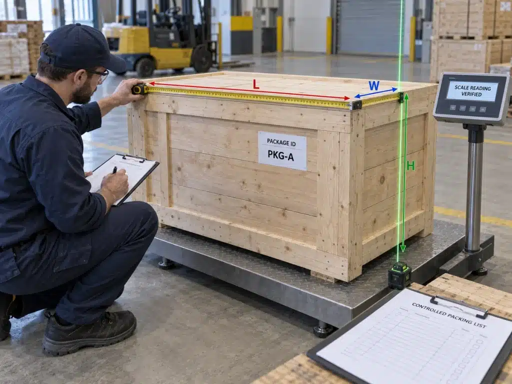 Measuring packed building material crates for volume weight and container planning