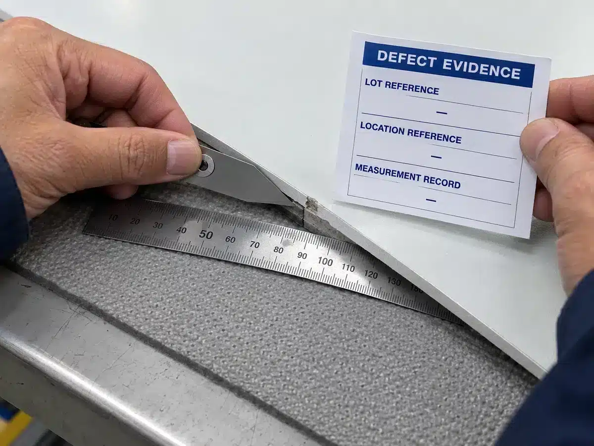 Inspector recording a measurable building material defect with lot and location references