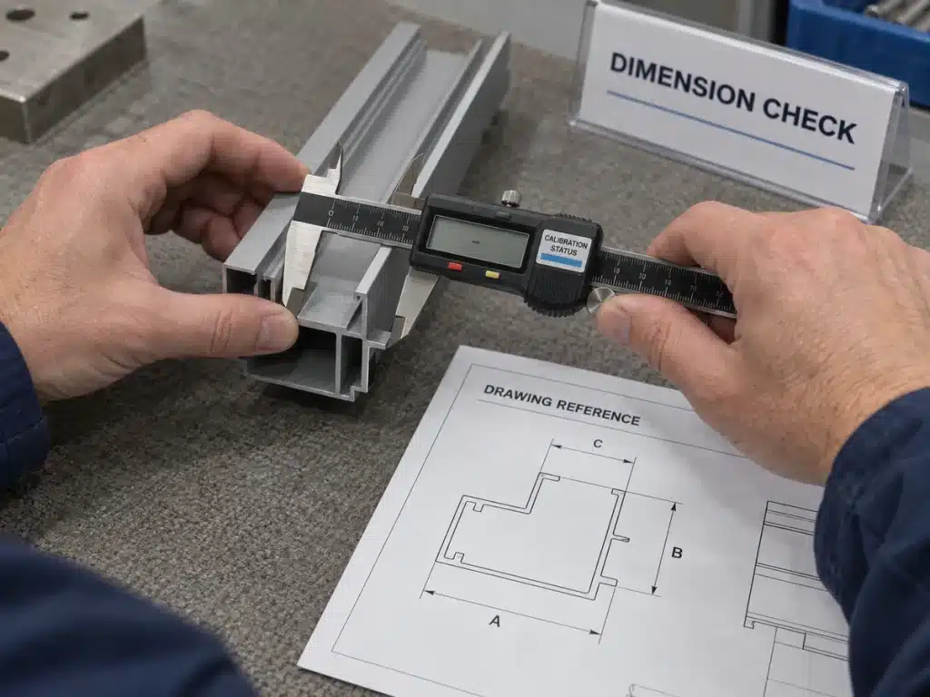Quality inspector measuring an incoming building material against approved specifications