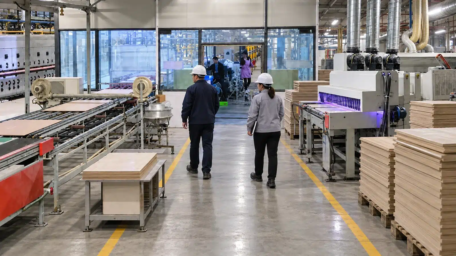 Auditor walking through a building material factory to review production equipment storage and process controls